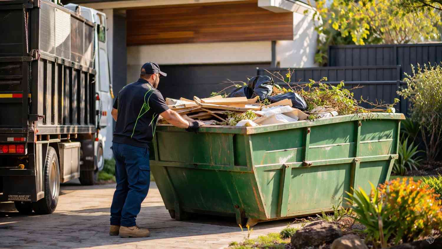 A worker viewed from behind, wearing a dark uniform with neon green accents and a cap, stands next to a large green dumpster overflowing with wood, yard waste, and black trash bags on a sunny residential driveway, with a large dark truck parked beside it.