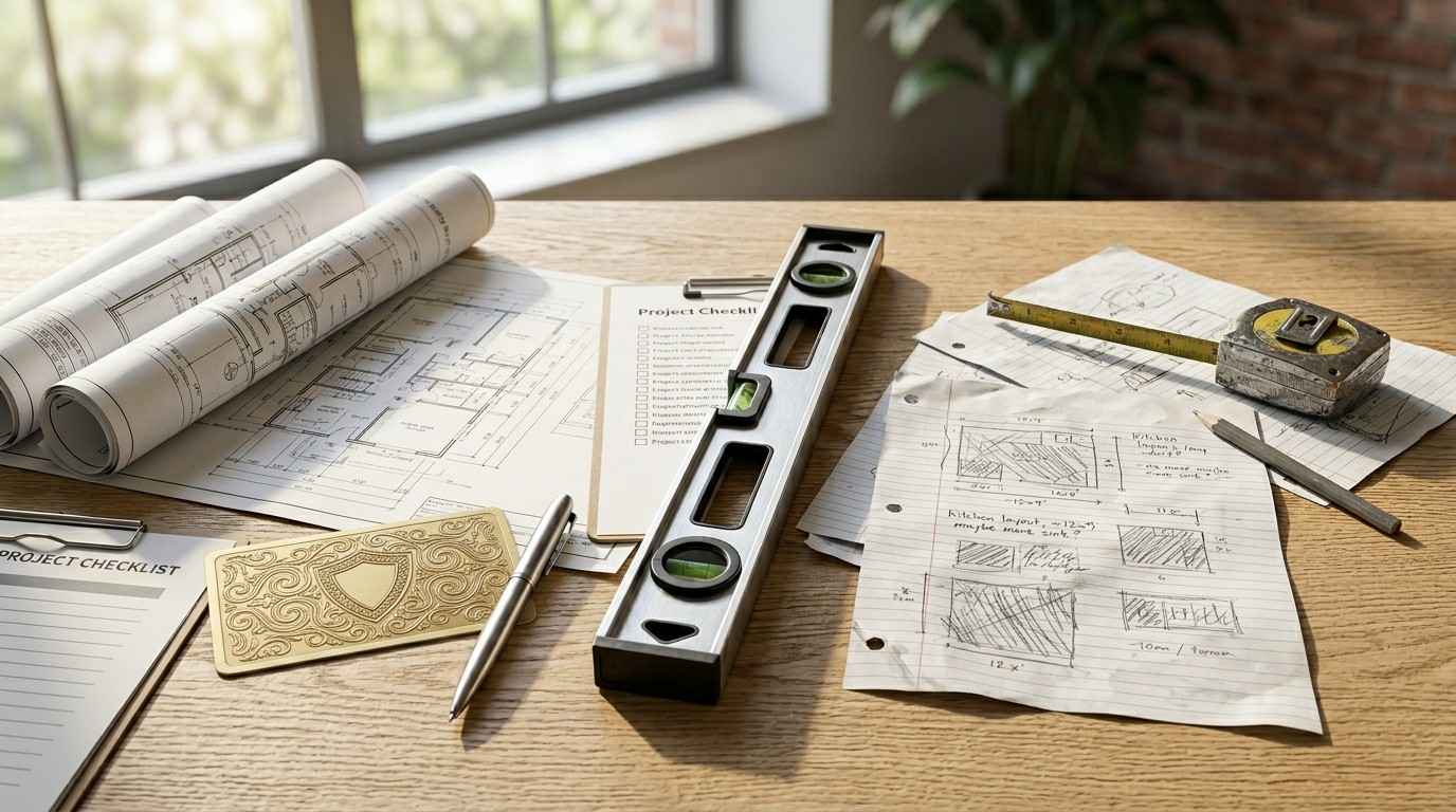 Contractor project planning documents with blueprints, checklists, measuring tools, and construction sketches on a worktable.